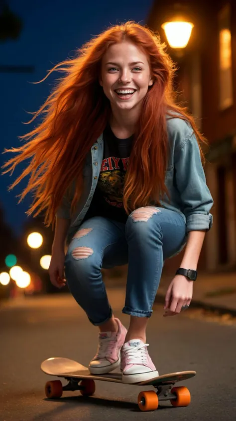 An Irish rocker girl riding down a street on a skateboard, black Iron Maiden t-shirt, jeans, very long wavy red hair, smiling, perfect teeth, dramatic scene, very dark night, one streetlight, beautiful shading, vibrant colors, 8k, photo-realistic, HDR, intricate details, detailed face, detailed eyes, detailed skin, extreme realism, full body shot