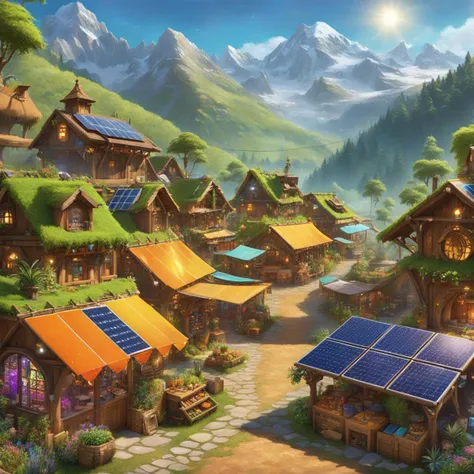 Create a mesmerizing artwork capturing a cozy futuristic solarpunk village surrounded by mountains. The scene showcases a vibrant sustainable people market, with colorful stalls and bustling crowds. The village is adorned with lush greenery, solar panels, and innovative sustainable technologies. Emphasize the harmonious coexistence of nature and advanced technology, with a warm and inviting atmosphere.