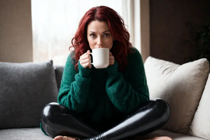 35 year old woman in PVC leggings and an oversize sweater curled up with a cup of tea looking at the camera