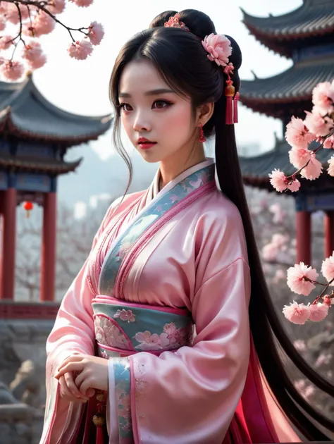 Fairy tale ((best quality)), ((masterpiece)) , ((ultra-detailed)), (illustration), (detailed light), (an extremely delicate and beautiful), ((1girl)), ((solo)), (beautiful detailed eyes), depth of field, pink silk hanfu, dynamic pose,(((beautiful detailed chinese style architecture))), (((outdoors))), detailed chinese style tassel, hair flower, (((full body))) . Magical, fantastical, enchanting, storybook style, highly detailed