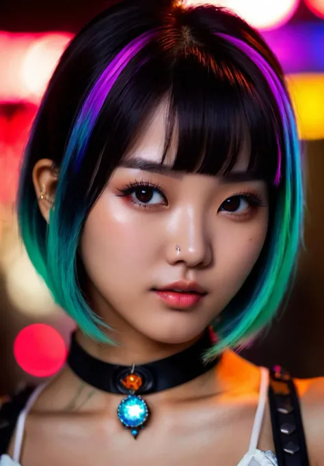 a young cute asian girl, colorfull bob cut hair, lush hair, (extra detailed eyes:1.15), slight smile, realistic skin noise, visible skin detail, skin fuzz, dry skin, freckles, remarkable detailed pupils, raised eyebrow, sexy, upper body, tatoo, happy, jewerly, beautiful composition, neon light, cyberpunk, hyperdetailed, RAW photo, extremely complex, sci-fi, blurred background, vibrant, masterpiece
<lora:epiCRealismHelper:1.0>
