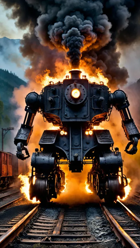 A masterful composition, gritty and realistic photo, a colossal and scary old  mechanized sentient locomotive robot running on a train track with legs, illuminating the night with flames and lights,  in a foggy valley, leaving a trail of smoldering coals, HDR, extremely detailed, detailed background, high contrast, bold shifts of light and dark, cinematic, complex and multidimensional lighting, eerie,  <lora:xl_more_art-full_v1:0.6>