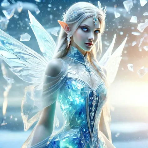 Elves, <lora:SDXLFrosted:1> FrostedStyle beautiful female Elve with Elve ears, focus on face, beautiful bright and sharp blue eyes, delicate, very colorful with many colors. blue dress made of broken glass,<lora:Made_of_pieces_broken_glass-000001:0.8>. large aperture, shallow depth of field, light foreground, dark background, dramatic lighting of face, Christmas, winter, snow flakes falling <lora:snowflakes_xl_v1:1>, Hyper-realistic. Photographic. High detail. clarity. sharp, Cinematic. 8k. HD.