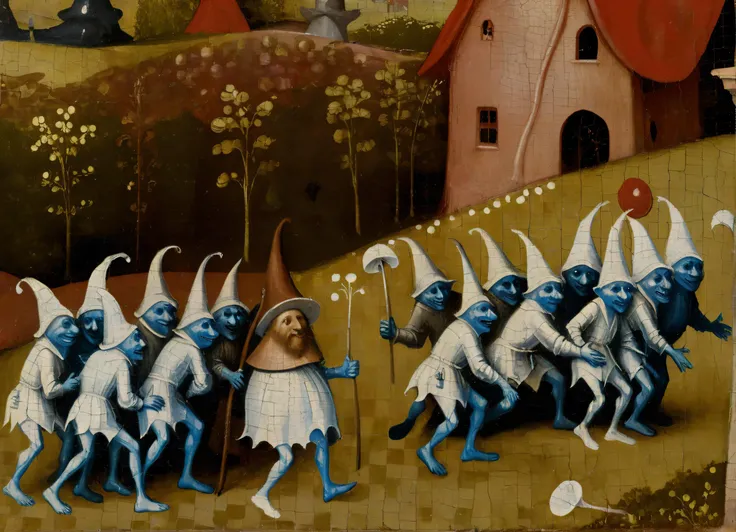 framed antique painting of <lora:Bosch_Creatures:0.6> Smurfs Bosch_Creatures many dwarves with blue skin wearing medieval clothing with white hats, 2d surreal garden landscape, sinister mushroom creatures in background, (Cracked Paint Texture:1.1), Hieronymus Bosch Creature Style <lora:Hieronymus_Bosch_-_Godfather_of_Religious_Disturbism:0.7> , <lora:Escher_SDXL:0.7> escher checkered sky patterns,