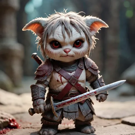 photography in the style of Labirynth movie, close up of (cute) and (sweet) creature with a (small) sword stained with (blood), inside a claustrophobic ancient and ruined labirynth ,fantasy,hyper detailed, real skin imperfections, hard lighting, bokeh