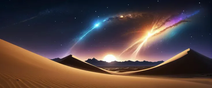 sand dune desert, Littoral zone, , night sky, stars, galaxy, , lighting strikes, , pulsar, supernova, pulsar, supernova, ,
anime, CG,