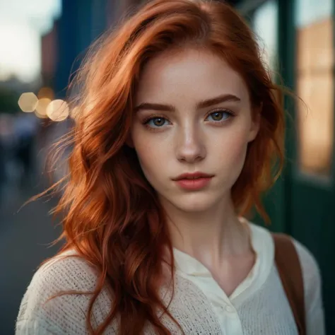 photo of 20 y.o. random girl, stands half-turned, (upper body:1.2), perfect eyes, red hair, looks at viewer, cinematic shot, hard shadows, RAW candid cinema, 16mm, color graded portra 400 film, remarkable color, ultra realistic, textured skin, remarkable detailed pupils, realistic dull skin noise, visible skin detail, skin fuzz, dry skin, shot with cinematic camera, high quality photography, 3 point lighting, flash with softbox, 4k, Canon EOS R3, hdr, smooth, sharp focus, high resolution, award winning photo, 80mm, f2.8, bokeh