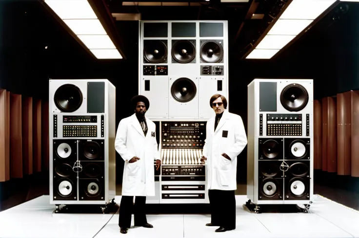 analog film photo 1970s archive photograph of scientists and rappers in lab coats and bling standing before a giant prototype synthesizer with large stacks of (giant speakers:1.2), rule of thirds, geometric, faded film, desaturated, 35mm photo, grainy, vignette, vintage, Kodachrome, Lomography, stained, highly detailed, found footage