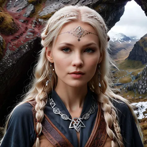 The truth is a cave in the black mountains. A (beautiful:1.5) nordic woman learns the truth of the universe from the norse runes. She is finally at peace. photograph, eyebrows