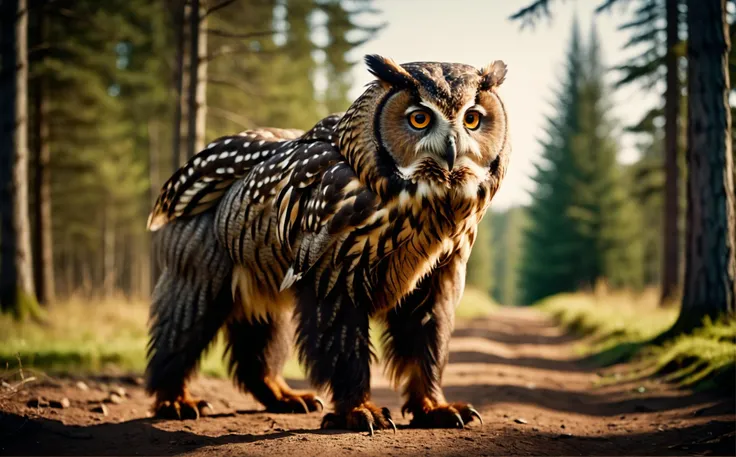 analog film photo vintage photo, bbc doku about a owlbear, full body, looking at viewer,, high quality photography, 3 point lighting, flash with softbox, 4k, Canon EOS R3, hdr, smooth, sharp focus, high resolution, award winning photo, 80mm, f2.8, bokeh, RAW candid cinema, 16mm, color graded portra 400 film, remarkable color, ultra realistic, textured skin, remarkable detailed pupils, realistic dull skin noise, visible skin detail, skin fuzz, dry skin, shot with cinematic camera . faded film, desaturated, 35mm photo, grainy, vignette, vintage, Kodachrome, Lomography, stained, highly detailed, found footage