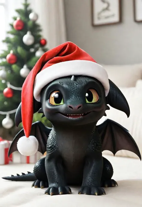 ((Perfection)), ((Ultra detailed)), How to train your dragon, baby Toothless, cute santa hat, celebrating christmas,