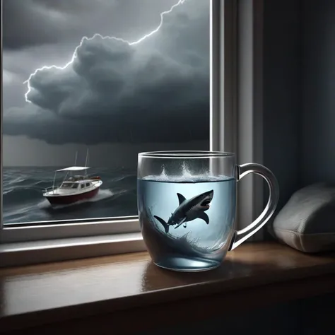 A 3D render of a glass mug placed on a window sill during a stormy day. The storm outside the window is reflected in the mug, shark is attacking the boat seen inside the mug. The room is dimly lit, adding to the dramatic atmosphere.