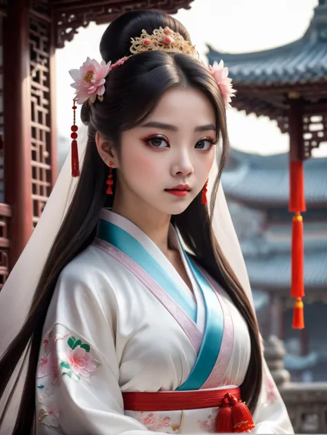 Fairy tale ((best quality)), ((masterpiece)) , ((ultra-detailed)), (illustration), (detailed light), (an extremely delicate and beautiful), ((1girl)), ((solo)), (beautiful detailed eyes), depth of field, white silk hanfu, dynamic pose,(((beautiful detailed chinese style architecture))), (((outdoors))), detailed chinese style tassel, hair flower, (((full body))) . Magical, fantastical, enchanting, storybook style, highly detailed