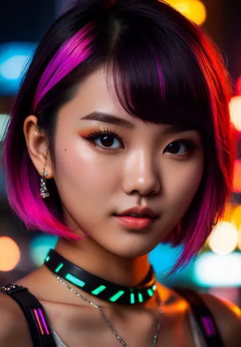 a young cute asian girl, colorfull bob cut hair, lush hair, (extra detailed eyes:1.15), slight smile, realistic skin noise, visible skin detail, skin fuzz, dry skin, freckles, remarkable detailed pupils, raised eyebrow, sexy, upper body, tatoo, happy, jewerly, beautiful composition, neon light, cyberpunk, hyperdetailed, RAW photo, extremely complex, sci-fi, blurred background, vibrant, masterpiece
<lora:epiCRealismHelper:1.0>