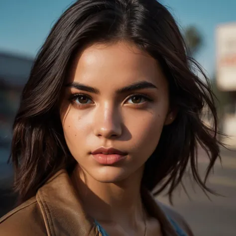 GTA-style artwork photo of 20 y.o. random girl, stands half-turned, (upper body:1.2), perfect eyes, dark hair, looks at viewer, cinematic shot, hard shadows, RAW candid cinema, 16mm, color graded portra 400 film, remarkable color, ultra realistic, textudark skin, remarkable detailed pupils, realistic dull skin noise, visible skin detail, skin fuzz, dry skin, shot with cinematic camera, high quality photography, 3 point lighting, flash with softbox, 4k, Canon EOS R3, hdr, smooth, sharp focus, high resolution, award winning photo, 80mm, f2.8, bokeh . satirical, exaggerated, pop art style, vibrant colors, iconic characters, action-packed