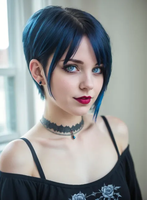 face portrait of a 20 years old woman , gothic short blue hair, ruby piercing