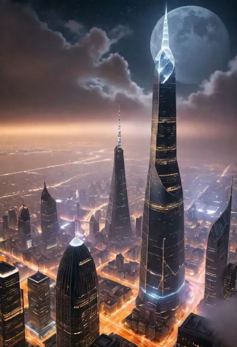 8k, award winning photograph<EllisMix-AntiNSFW>, cityscape, futuristic utopian city, city lights at night, moon, haze, (world s tallest buildings rise through the clouds, as seen from a rooftop oasis<OverallDetail:1.2>), from above, dynamic angle, (awe-inspiring architecture, ethereal, neo-gothic glass curtain fusion, imposing, (rooftop garden with infinity pool<refraction, lit pool, furnished oasis, opulent>), lit features<holographic, drone light show, uplighting, architecture enhancing>, blue, green, yellow, white, black, gray, orange, pink, red flashing beacons on towers), time lapse