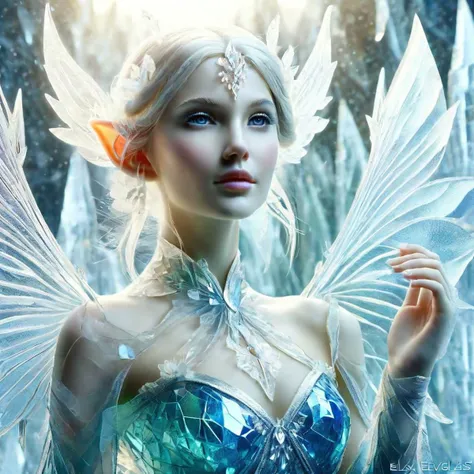 Elves, <lora:SDXLFrosted:1> FrostedStyle beautiful female Elve with Elve ears, focus on face, beautiful bright and sharp blue eyes, delicate, very colorful with many colors. blue dress made of broken glass,<lora:Made_of_pieces_broken_glass-000001:0.8>. large aperture, shallow depth of field, light foreground, dark background, dramatic lighting of face, Christmas, winter, snow flakes falling <lora:snowflakes_xl_v1:1>, Hyper-realistic. Photographic. High detail. clarity. sharp, Cinematic. 8k. HD.