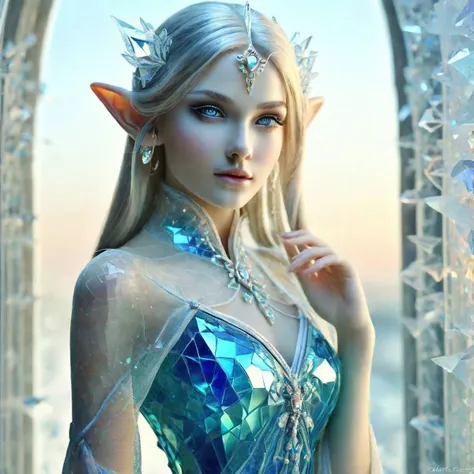 Elves, <lora:SDXLFrosted:1> FrostedStyle beautiful female Elve with Elve ears, focus on face, beautiful bright and sharp blue eyes, delicate, very colorful with many colors. blue dress made of broken glass,<lora:Made_of_pieces_broken_glass-000001:0.8>. large aperture, shallow depth of field, light foreground, dark background, dramatic lighting of face, Christmas, winter, snow flakes falling <lora:snowflakes_xl_v1:1>, Hyper-realistic. Photographic. High detail. clarity. sharp, Cinematic. 8k. HD.