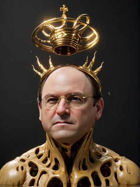 detailed nanotech background, character portrait of broken melting gold anti-gravity-liquid cyborg statue of <lora:George_Costanza:0.9> George Costanza , serious noble face, melting gold crown <lora:d3qck artstyle:0.8> d3qck artstyle, infinity library , <lora:tag is mgcpnt:0.6> mgcilu , <lora:Hieronymus_Bosch_-_Godfather_of_Religious_Disturbism:0.6> <lora:chdmchlwrd:0.5> Dark art, chdmchlwrd