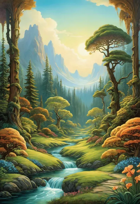 Art Nouveau a fantasy lanscape by joe fenton and bob ross, Art Nouveau, often for organic forms, flowing lines, or turn-of-the-century aesthetics.