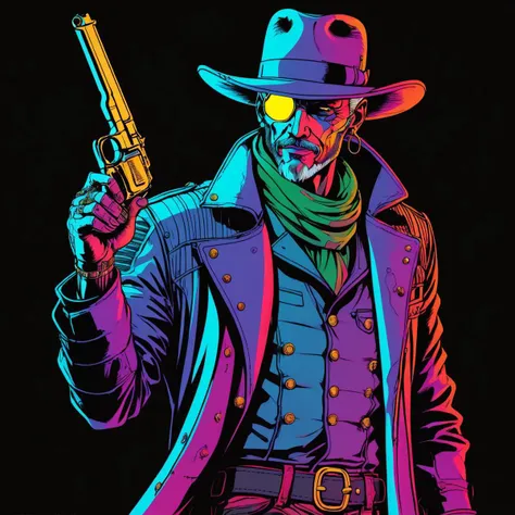(line art art), 2D, a old pistolero, cyberpunk, man, colorful