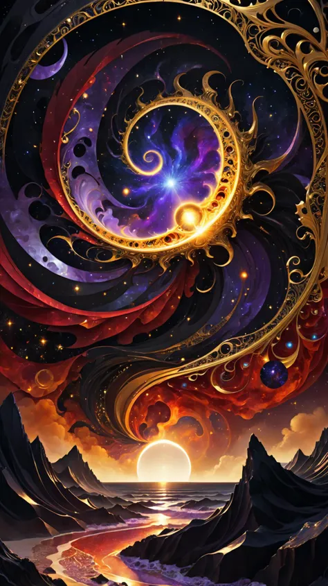 a masterful and gritty digital fantasy painting in the style of Anato Finnstark and Greg Rutkowski, The Cosmos spread open and fold in to welcome an ancient sleeping evil god as it awakens and arises from the black sea of infinity, dark atmoshpere, swirling abstract patterns, bright gold filigree, red black gold and purple colors, uhd, 8k, bright and vivid colors, intense lighting, award winning masterpiece, extremely detailed, detailed background, cinematic, complex and multidimensional lighting, <lora:xl_more_art-full_v1:0.6>, xlmrblng15-1300