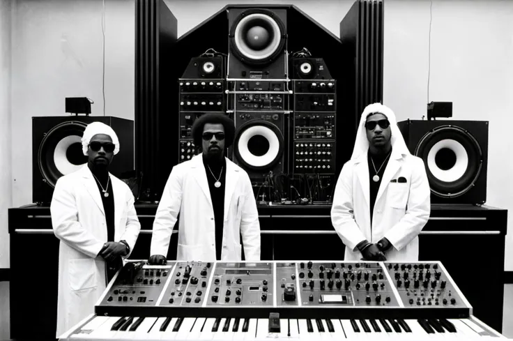 1970s black and white archive photograph of scientists and rappers in lab coats and bling standing before a giant prototype synthesizer with giant speaker towers, rule of thirds, geometric, retrofuturism,