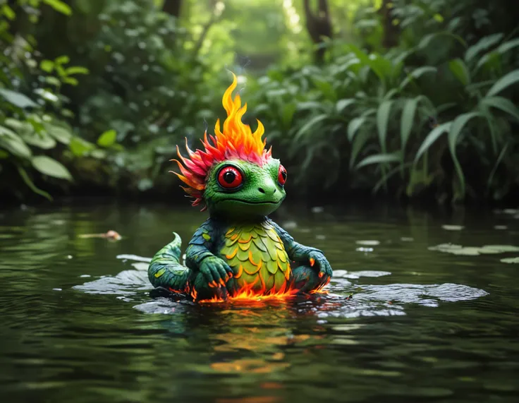 The image features a small, brightly colored creature with a fire-like appearance, sitting in a body of water. The creature is surrounded by a lush green environment, adding a vibrant touch to the scene. The water appears to be calm, creating a serene atmosphere. The creature seems to be the main focus of the image, drawing attention with its striking colors and unique appearance.