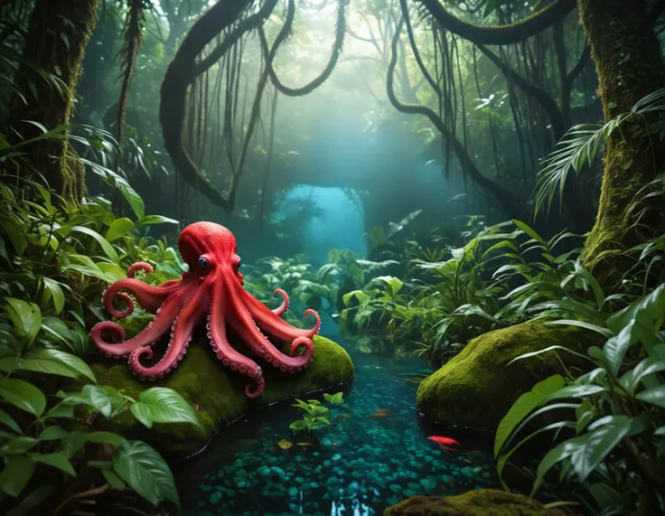 The image presents a vibrant and fantastical scene set in a lush jungle. Dominating the center of the frame is a large, red octopus with a fiery appearance. Its tentacles spread out around it, creating a striking contrast against the surrounding greenery. The octopus's eyes glow with an intense blue light, adding to its otherworldly look.
The jungle itself is dense and verdant, filled with various plants and foliage that create a rich tapestry of green hues. A small stream meanders through the scene, reflecting the colors of the environment.
Above, the sky is overcast, casting a soft, diffused light over the entire scene. Despite the fantastical elements, the image has a certain realism to it, thanks to the meticulous attention to detail in the depiction of the jungle and the octopus. There is no text present in the image. The relative positions of the objects suggest a natural, untouched ecosystem where the octopus is the focal point.