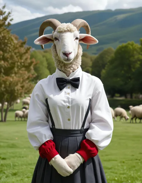 photo
The image portrays a sheep that has been anthropomorphized into a human-like figure. The sheep is wearing a white blouse with a high collar and red sleeves, reminiscent of a traditional maid's uniform. A black bow adorns its neck, adding to the human-like appearance. The sheep's face is visible, showing it has a black nose and ears, which contrast with its white fur. It appears to be standing in front of a landscape, possibly a garden or park, as suggested by the presence of trees and bushes in the background. The overall style of the image is realistic, with attention to detail in the depiction of the sheep's attire and the natural elements behind it. There is no text present in the image.