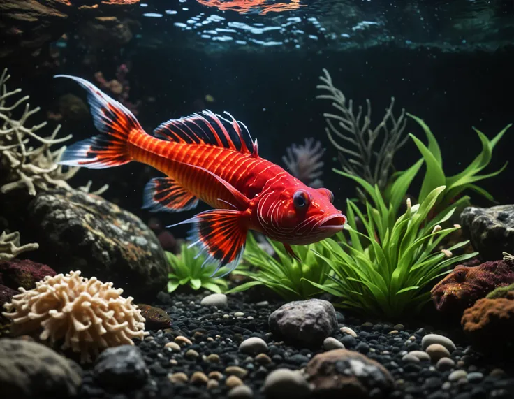 The image presents a vibrant scene of an underwater world, where a red dragonfish is the center of attention. The dragonfish, with its fiery orange fins and tentacles, stands out against the dark backdrop of the aquarium. It appears to be in motion, possibly swimming through the water.

The aquarium is filled with various plants and rocks, creating a natural habitat for this unique creature. The plants are lush and green, adding a touch of life to the otherwise dark environment. The rocks add texture and depth to the scene, providing a sense of structure within the otherwise open space.

In the background, there's a hint of movement as rain falls from above, further enhancing the dramatic effect of the scene. Despite the darkness, the dragonfish's fiery appearance shines brightly, drawing the viewer's attention to its presence amidst the aquatic surroundings.