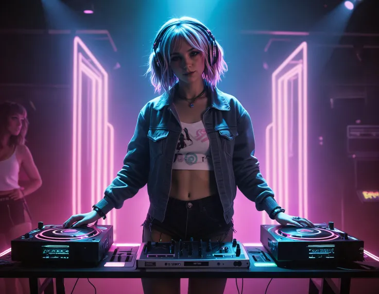 photo
The main character is standing near a DJ booth, with neon lights flashing around her, creating an energetic atmosphere.