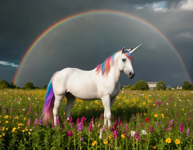 photo
a rainbow-colored unicorn standing in a field of flowers with a rainy sky above and a rainbow arching over it..