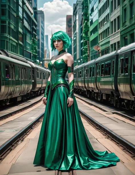 photo 

The image features a woman with green hair and a stunningly beautiful appearance, dressed in a metallic green gown. She is standing in a city setting, possibly in a fantasy or sci-fi context, as she appears to be a character from a video game or a fantasy novel.

The cityscape is filled with various elements, including a number of buildings and a train in the background. There are also a few other people scattered throughout the scene, adding to the urban atmosphere. The train is located towards the right side of the image, while the other people are positioned at different points in the scene.