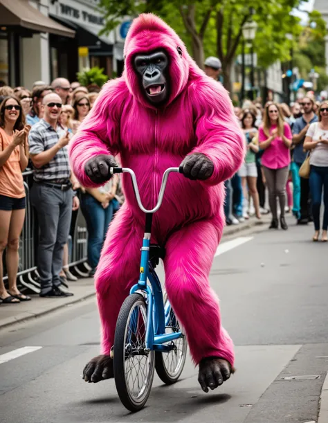 photo
In the middle of a bustling city, a man dressed in a vibrant pink gorilla suit is seen riding a unicycle down the main street. He's juggling bananas in one hand and a ukulele in the other, all while belting out an enthusiastic rendition of "Twinkle Twinkle Little Star". The onlookers are in fits of laughter as they watch this unexpected spectacle unfold. A group of street performers nearby can't help but join in, adding a beatbox background to the gorilla's musical performance. It's a bizarre, hilarious scene that brings a touch of joy and absurdity to an otherwise ordinary day.