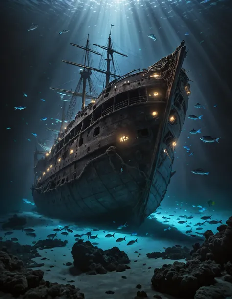 photo
The image features a large shipwrecked ship, which is the main focus of the scene. The ship is surrounded by a blue ocean, with the water appearing to be illuminated by lights. There are numerous fish swimming around the ship, adding to the underwater atmosphere.