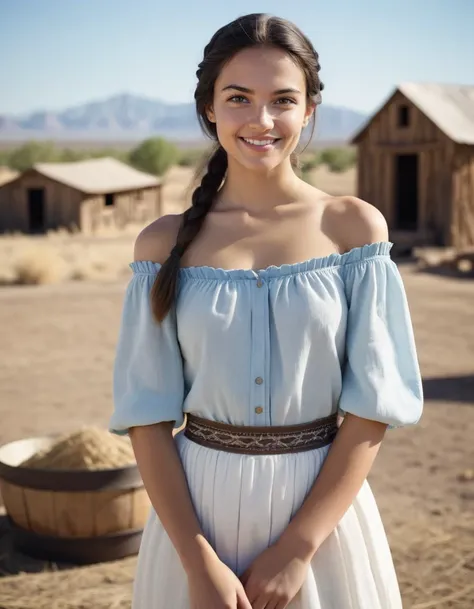 Aristic photograph, Hollywood action movie cinematic film still of beautiful mexican latina teen girl, solo, wearing a simple and poor XIX-century settler dress from west american border, during work on the farm, farm buildings on arizona plains in the background, clear and blue sky, distant hills visible in the background,
medium length hair tied in a single braid, realistic hair, brown eyes, (medium shot:1.2), (looking at viewer:1.2), (front view:1.2), skinny body, small breasts, flatchested, shy smile, perfect teeth,
film grain, mimic wrinkles, dimples in cheeks,
masterpiece, absurdres, portrait, detailed skin texture, detailed eyes, full lips, ultra sharp, bokeh, (high quality), 4k, Nikon Z9,