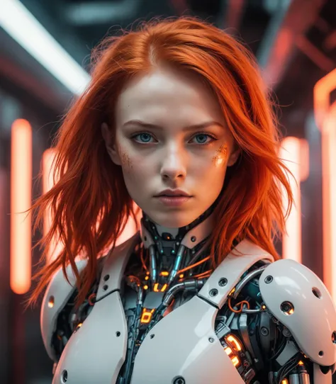 Best quality, Raw photo, face portrait, a young cyborg woman with fiery red hair. Her face fills the frame, bathed in neon hues, exuding determination and mystery amidst a futuristic backdrop