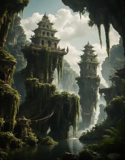 cinematic film still ((flying islands in the sky)), epic fantasy overgrown temple scene, waterfalls, , steampunk . shallow depth of field, vignette, highly detailed, high budget, bokeh, cinemascope, moody, epic, gorgeous, film grain, grainy, undefined