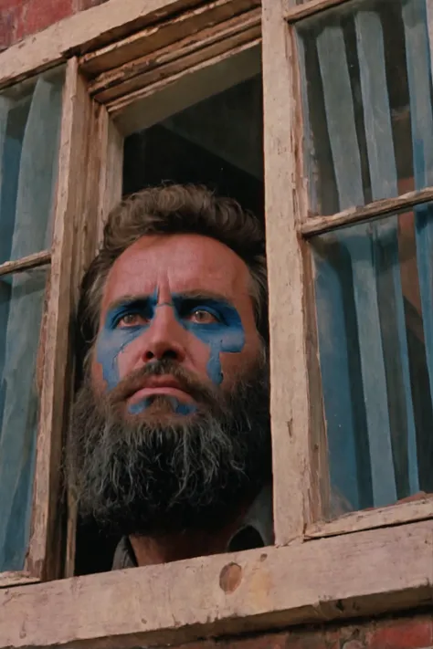 photography of a blue painted face of a bearded man looking through a window, low angle. strangehead city , surreal criminal reports 1970 VHS still, rottencore weirdness