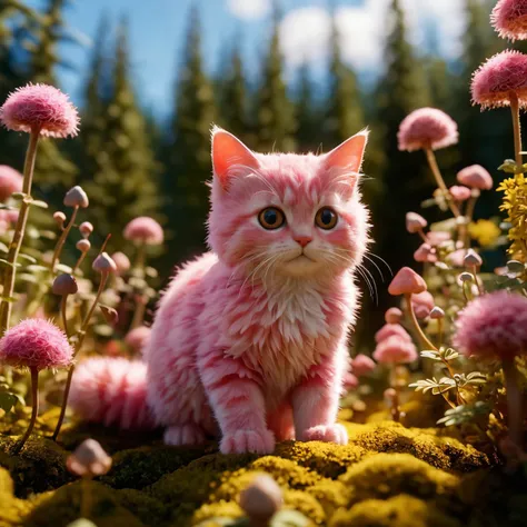 Real estate photography style, Adorable 3D Character of cinematic photo photorealistic colorful microscopy shot Tilt-shift photo of a ((pink fluffy cat curious forest spirit flying around)) ritual , (Rhizoid spores, mycelium, gemmae, algue globules, transparent plants protonema , glassy gametophytes, magical virophage organisms), space photography universe tiny, transformed, , tilt-shift (subsurface scattering, soft-body physics, cloth physics) colorful pollen clouds, shimmering dust, ((optical dirty lens, aesthetic lens effects, chromatic aberration)), <lora:add-detail-xl:2.5> . 35mm photograph, film, bokeh, professional, 4k, highly detailed, 3D render, adorable character, 3D art , Professional, inviting, well-lit, high-resolution, property-focused, commercial, highly detailed