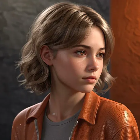 Well-executed , Romanticist, dslr photo, photorealistic, hyperrealism, a delicate girl lost in thought, light sparkling eyes, Feldgrau wedge cut hair , intricate dark orange clothes, skin texture, skin grain, <lora:add-detail-xl:0.8> , RenderWare, Deferred Rendering, no blur