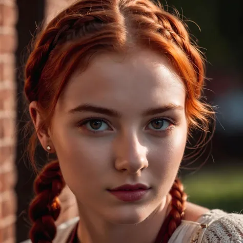 photo of 18 y.o woman, perfect eyes, short red hair, braid, looks at viewer, cinematic shot, hard shadows, (Highest Quality, 4k, masterpiece, Amazing Details:1.1), film grain, Fujifilm XT3, photography,