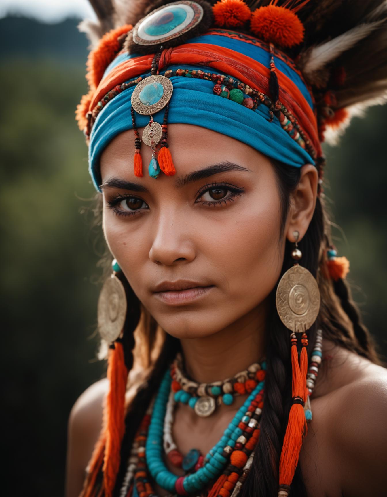A woman with a headdress and feathers on her head - SeaArt AI