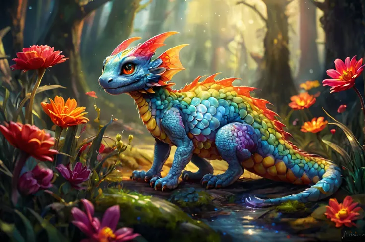 full body shot Real estate photography style, cinematic film still of strybk, A surreal cute little rainbow creauture (dragon|cat:0.5), playing with dragonfly, detailed face, rainbow glittering skin scales, big detailed reflective eyes, detailed scales, hyperdetailed, intricated, fantasy, iridescent scales, multicolored flowers, rainbow, filigree details, intricated background, labradorites, by Peter Mohrbacher, by Alebrije, artstation, dramatic lighting from left, 32k, UE5, octane render, 3d digital painting, concept art, bright colors, centered, kids story book style, muted colors, watercolor style, shallow depth of field, vignette, highly detailed, high budget, bokeh, cinemascope, moody, epic, gorgeous, film grain, grainy, shallow depth of field, vignette, highly detailed, high budget, bokeh, cinemascope, moody, epic, gorgeous, film grain, grainy, tender feelings, Professional, inviting, well-lit, high-resolution, property-focused, commercial, highly detailed