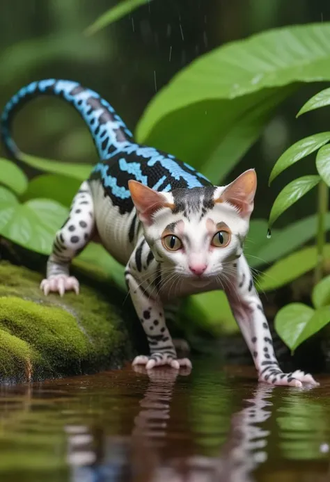Casual photo of an hybrid animal between cat and ((salamander)) mixed together in a unique animal, stalking in a rain forest, wet skin