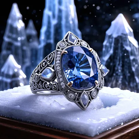 mysterious, ethereal, 16k, dslr photo, photorealistic, hyperrealism,  a intricate faceted sparkling saphir and  icing polished moonstone platinum magical ring of icing  on a teck desk, frozen icing aura, cold glowing gems, jeweler shop <lora:add-detail-xl:0.8> , eerie mist, Dunia Engine, Real-Time Global Illumination, level of detail, close-up, gem reflections, flying snow