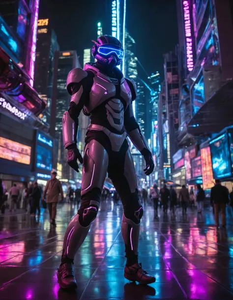 A Photograph of an intergalactic traveler, illuminated by pulsating neon lights, amidst a sprawling metropolis of sleek, futuristic architecture., undefined