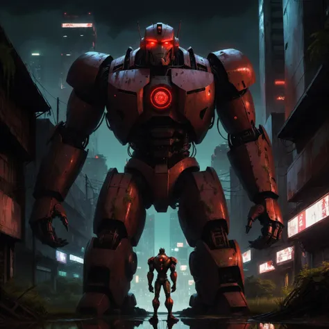 dark anime, Colossus, looks at viewer, ((giant robot coloss)), rust, decay, ((overgrown)), horror, red glowing eys, dark cyberpunk city, night, reflective puddles